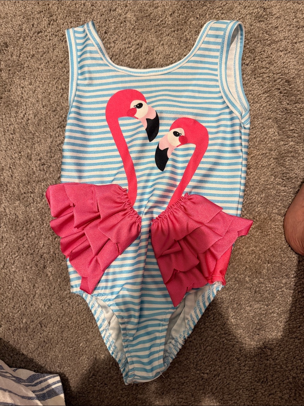 Girls Striped Flamingo Ruffle One-Piece Swimsuit - Blue & Pink